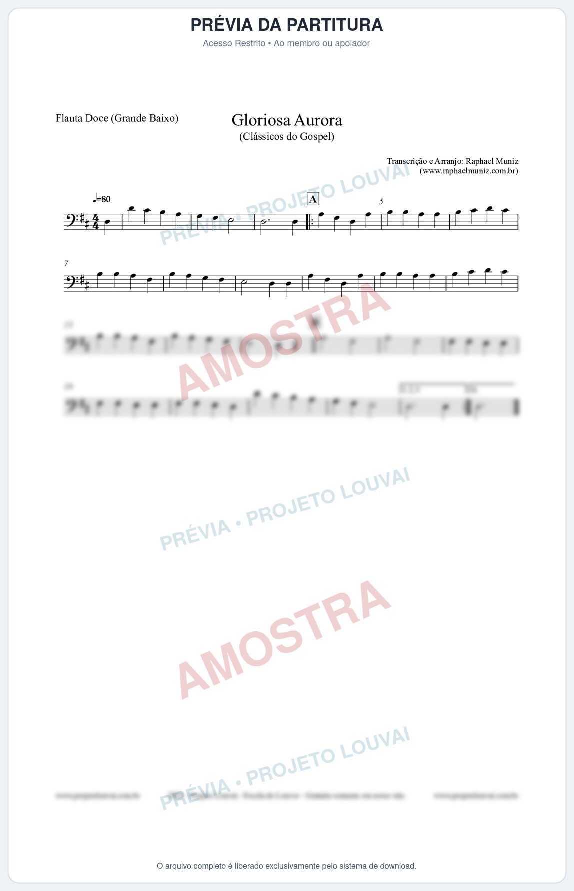 Prévia protegida da primeira página da partitura Partitura para Flauta Doce (Grande Baixo) - Gloriosa Aurora - Harpa Cristã nº21 - Clássicos do Gospel