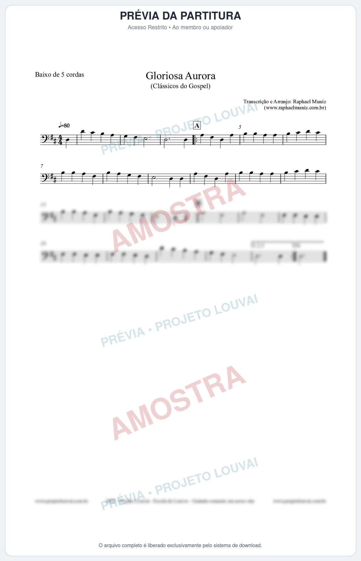 Prévia protegida da primeira página da partitura Partitura para Baixo de 5 cordas - Gloriosa Aurora - Harpa Cristã nº21 - Clássicos do Gospel