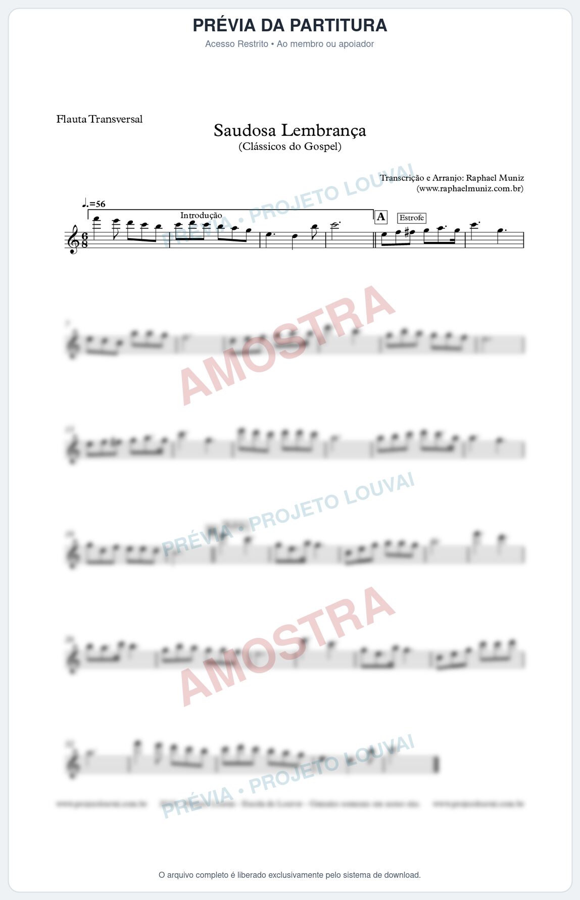 Prévia protegida da primeira página da partitura Partitura para Flauta Transversal - Saudosa Lembrança - Harpa Cristã nº2 - Clássicos do Gospel