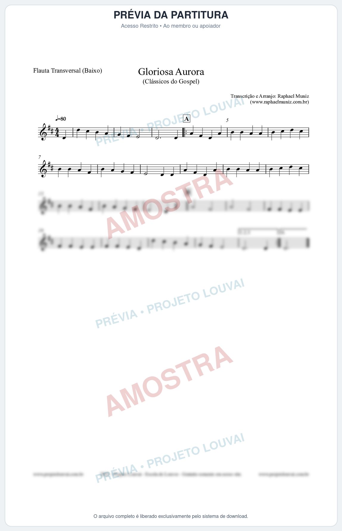 Prévia protegida da primeira página da partitura Partitura para Flauta Transversal (Baixo) - Gloriosa Aurora - Harpa Cristã nº21 - Clássicos do Gospel