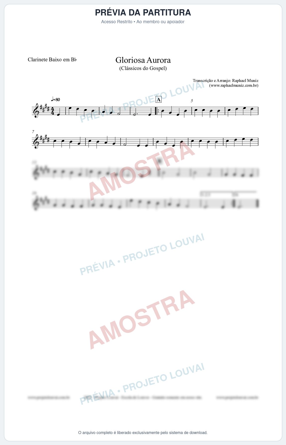 Prévia protegida da primeira página da partitura Partitura para Clarinete Baixo em Bb - Gloriosa Aurora - Harpa Cristã nº21 - Clássicos do Gospel
