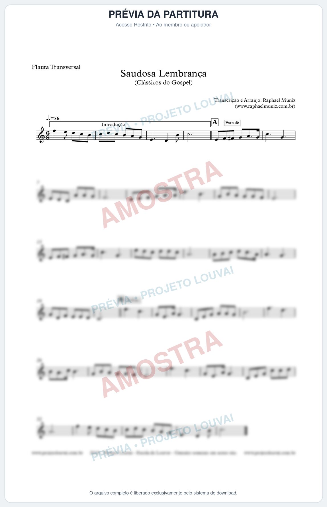 Prévia protegida da primeira página da partitura Partitura para Flauta Transversal - Saudosa Lembrança (Versão 2) - Harpa Cristã nº2