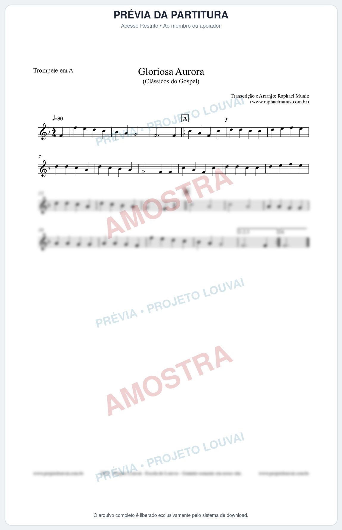 Prévia protegida da primeira página da partitura Partitura para Trompete em A - Gloriosa Aurora - Harpa Cristã nº21 - Clássicos do Gospel