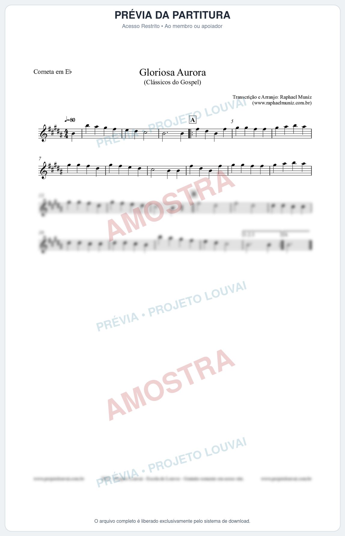 Prévia protegida da primeira página da partitura Partitura para Corneta em Eb - Gloriosa Aurora - Harpa Cristã nº21 - Clássicos do Gospel