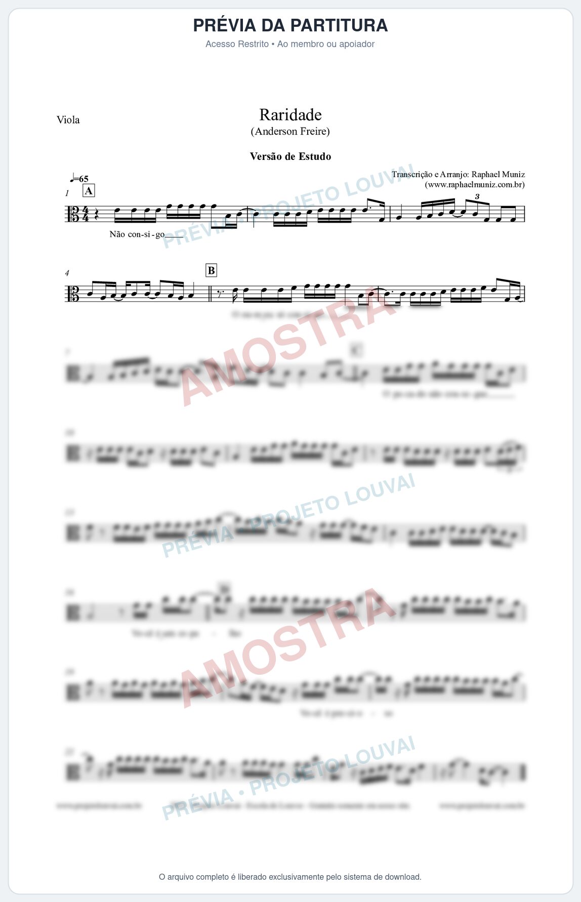 Prévia protegida da primeira página da partitura Partitura para Viola - Raridade (Versão de Estudo) - Anderson Freire