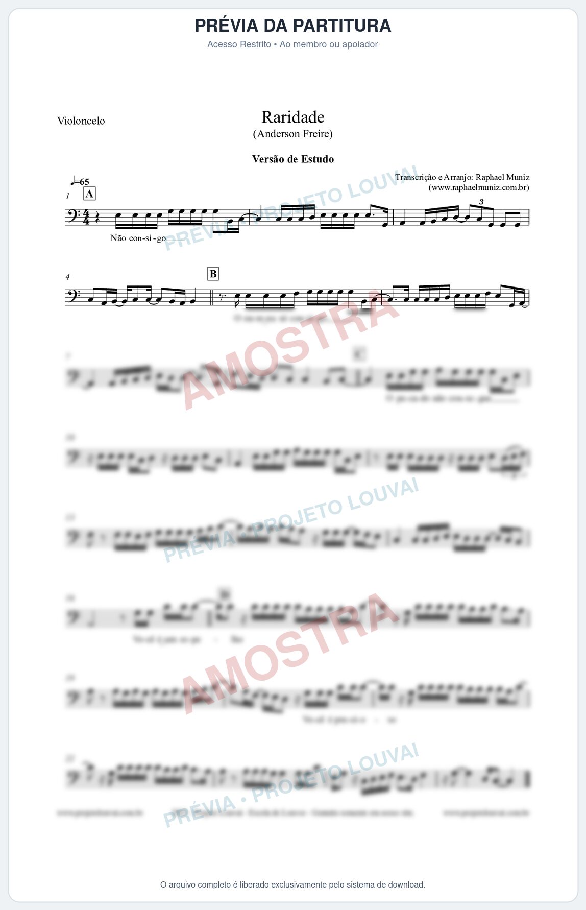 Prévia protegida da primeira página da partitura Partitura para Violoncelo - Raridade (Versão de Estudo) - Anderson Freire