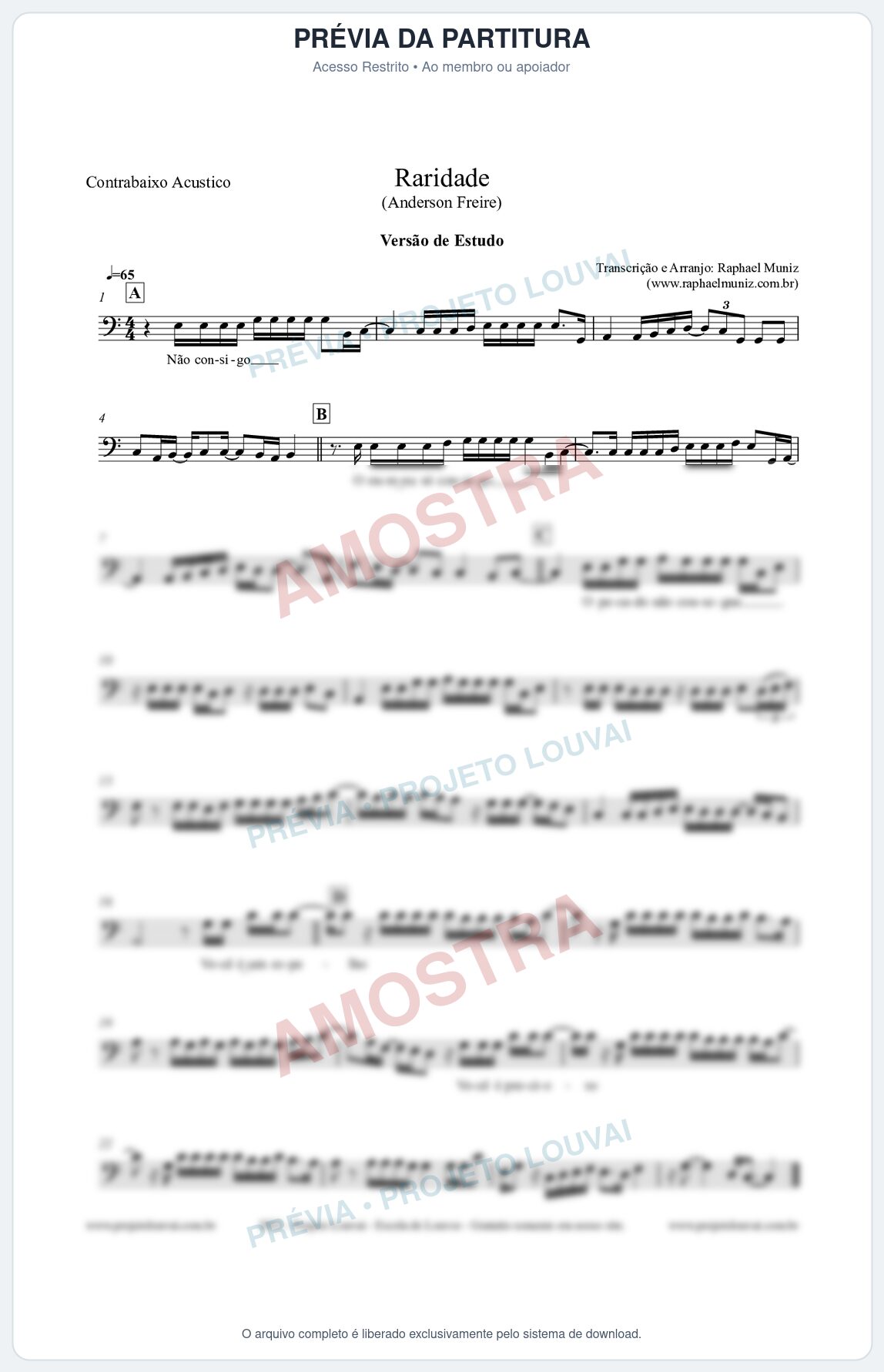Prévia protegida da primeira página da partitura Partitura para Contrabaixo Acústico - Raridade (Versão de Estudo) - Anderson Freire