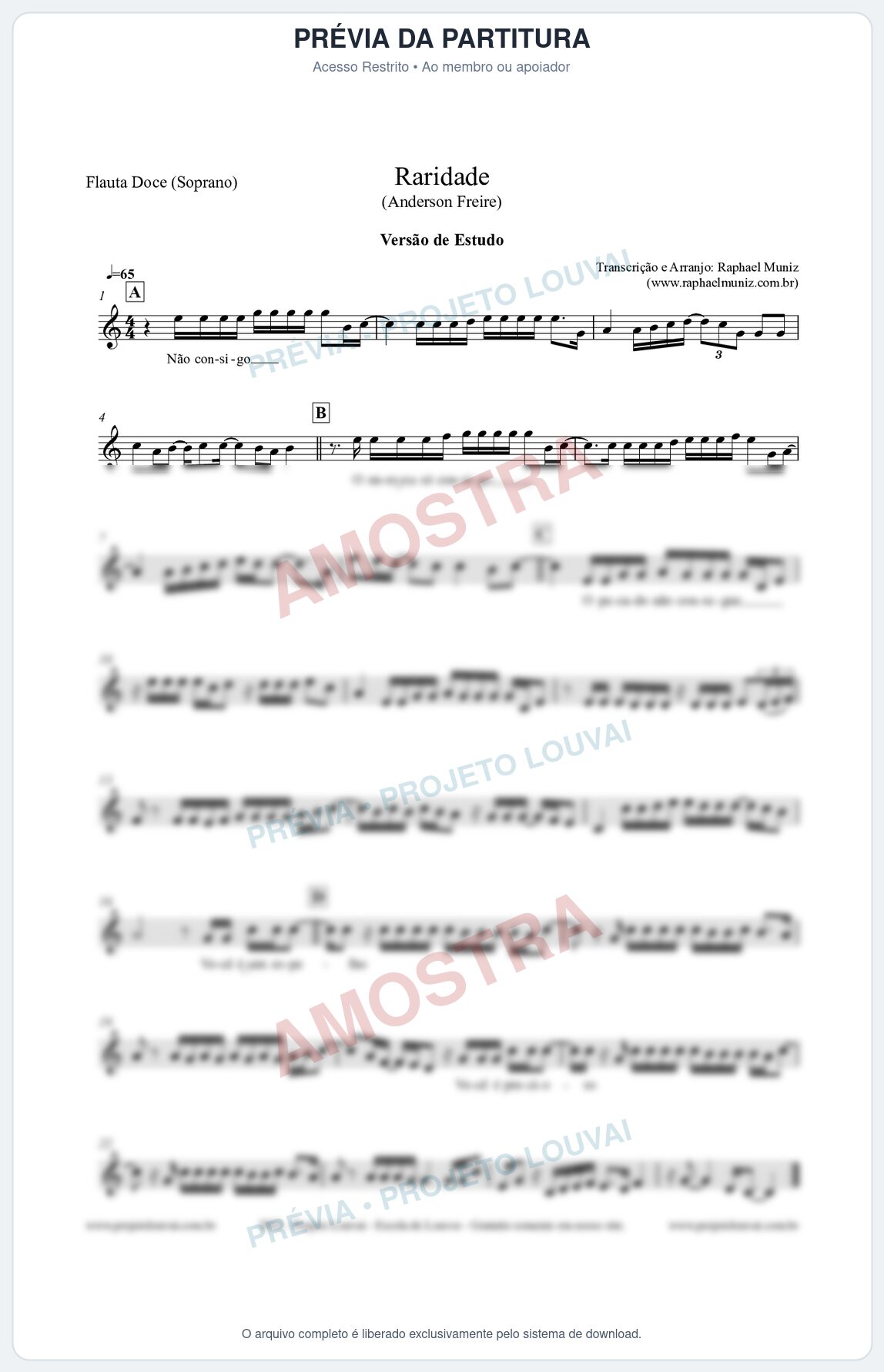 Prévia protegida da primeira página da partitura Partitura para Flauta Doce (Soprano) - Raridade (Versão de Estudo) - Anderson Freire