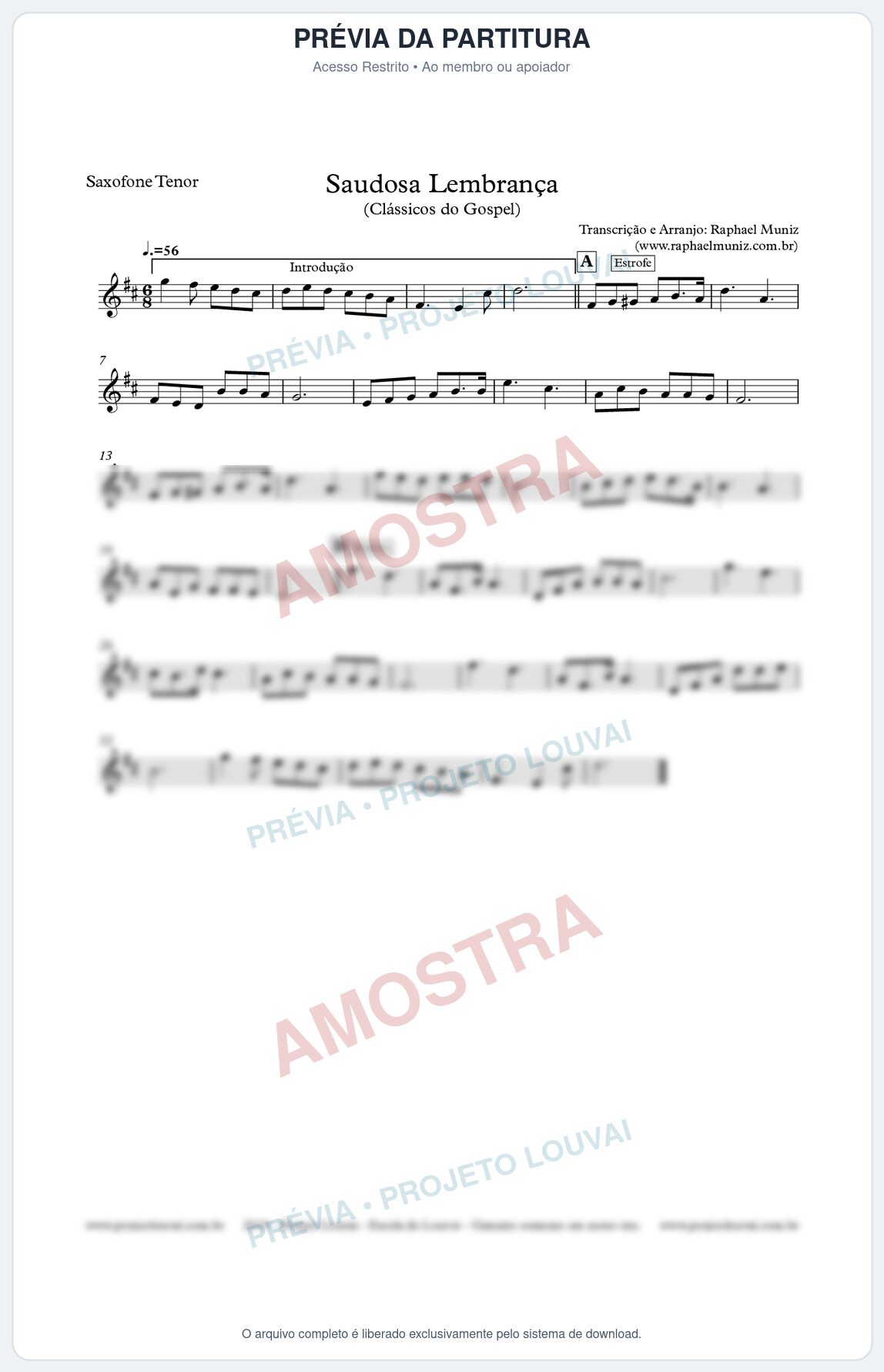 Prévia protegida da primeira página da partitura Partitura para Sax Tenor - Saudosa Lembrança - Harpa Cristã nº2 - Clássicos do Gospel