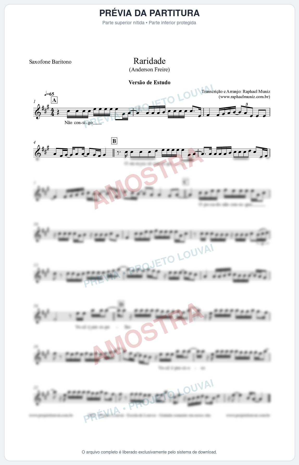 Prévia protegida da primeira página da partitura Partitura para Saxofone Barítono - Raridade (Versão de Estudo) - Anderson Freire