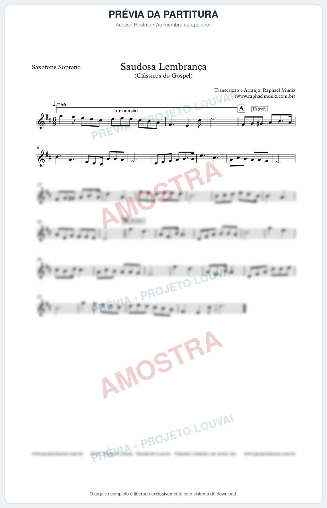 Prévia protegida da primeira página da partitura Partitura para Sax Soprano - Saudosa Lembrança - Harpa Cristã nº2 - Clássicos do Gospel