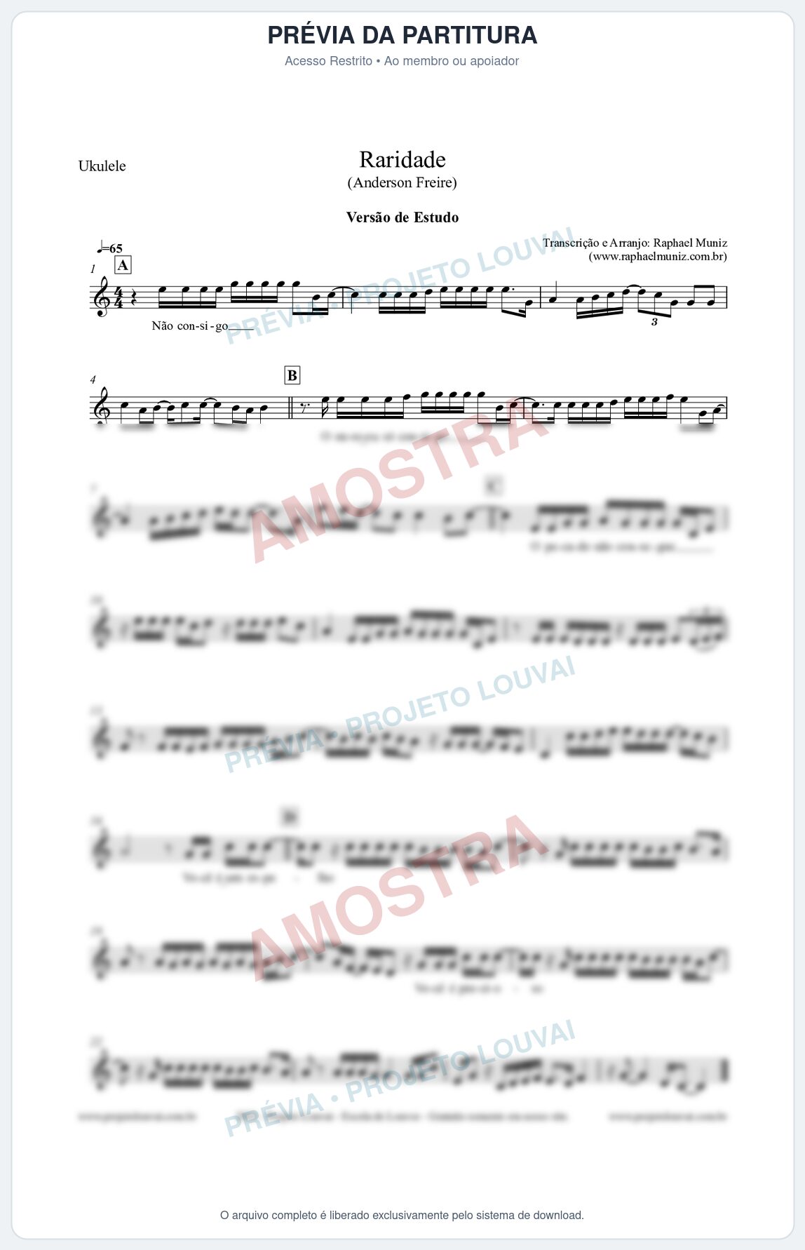 Prévia protegida da primeira página da partitura Partitura para Ukulele - Raridade (Versão de Estudo) - Anderson Freire