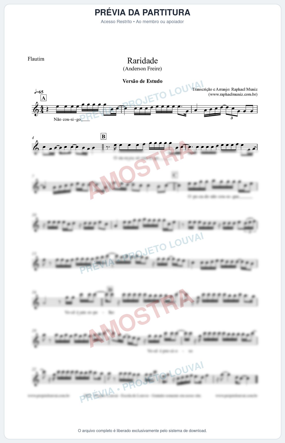 Prévia protegida da primeira página da partitura Partitura para Flautim - Raridade (Versão de Estudo) - Anderson Freire