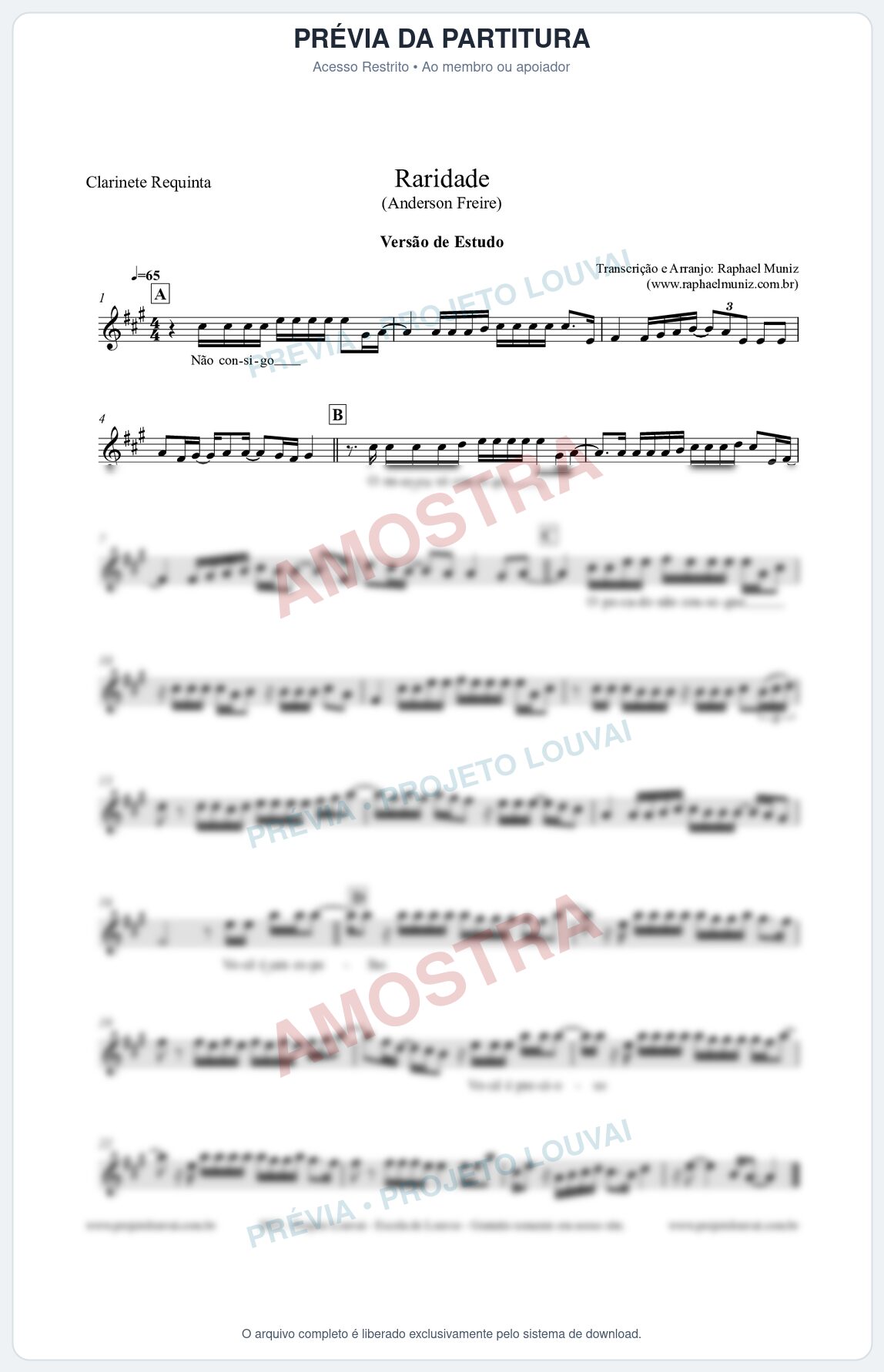 Prévia protegida da primeira página da partitura Partitura para Clarinete Requinta - Raridade (Versão de Estudo) - Anderson Freire