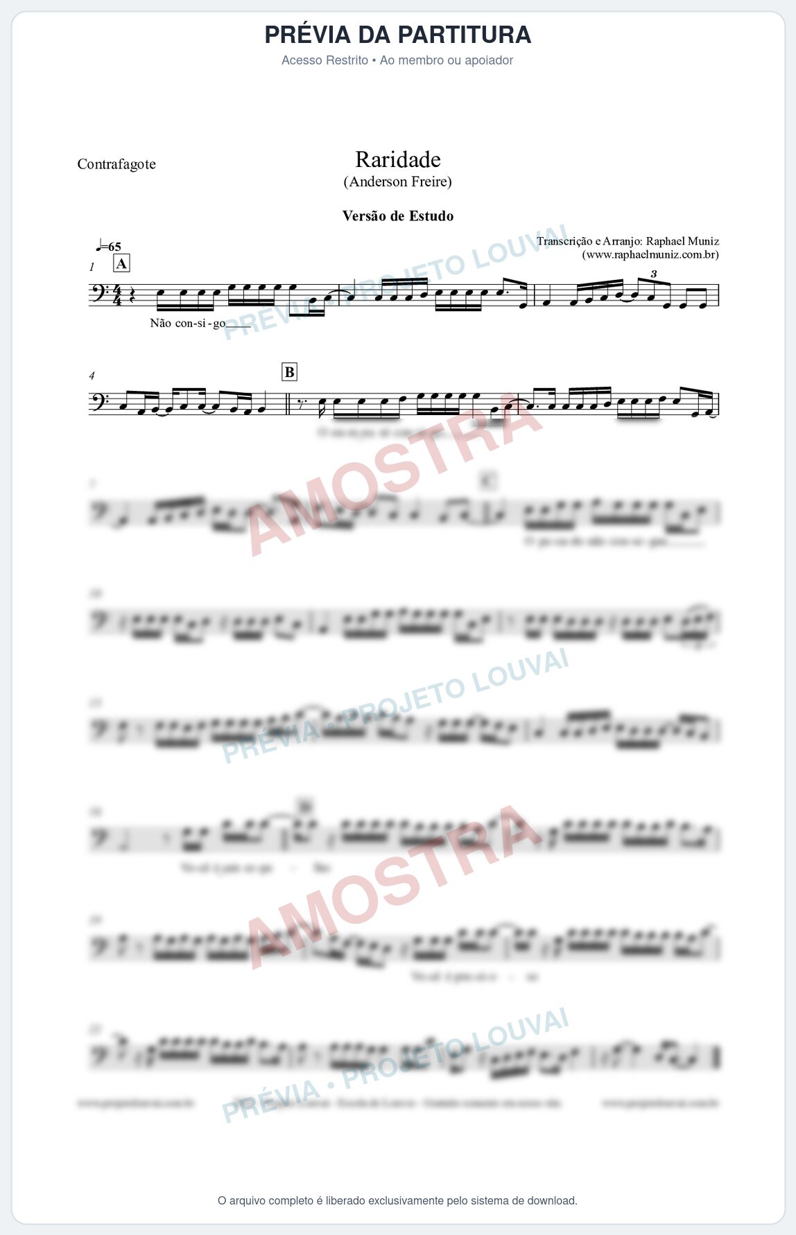 Prévia protegida da primeira página da partitura Partitura para Contrafagote - Raridade (Versão de Estudo) - Anderson Freire