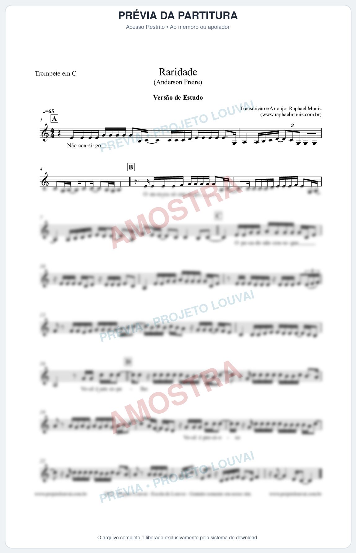 Prévia protegida da primeira página da partitura Partitura para Trompete em C - Raridade (Versão de Estudo) - Anderson Freire