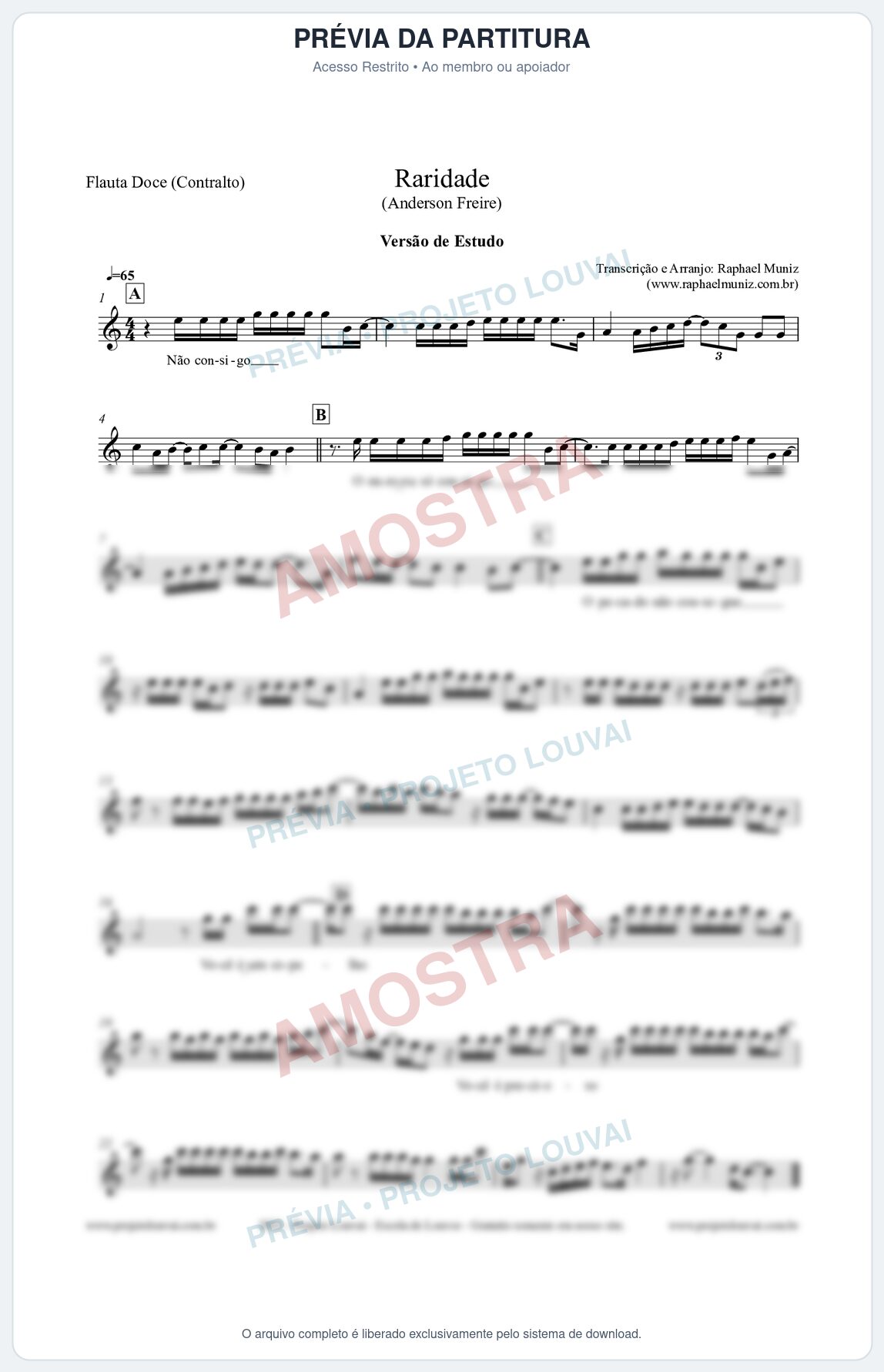 Prévia protegida da primeira página da partitura Partitura para Flauta Doce (Contralto) - Raridade (Versão de Estudo) - Anderson Freire