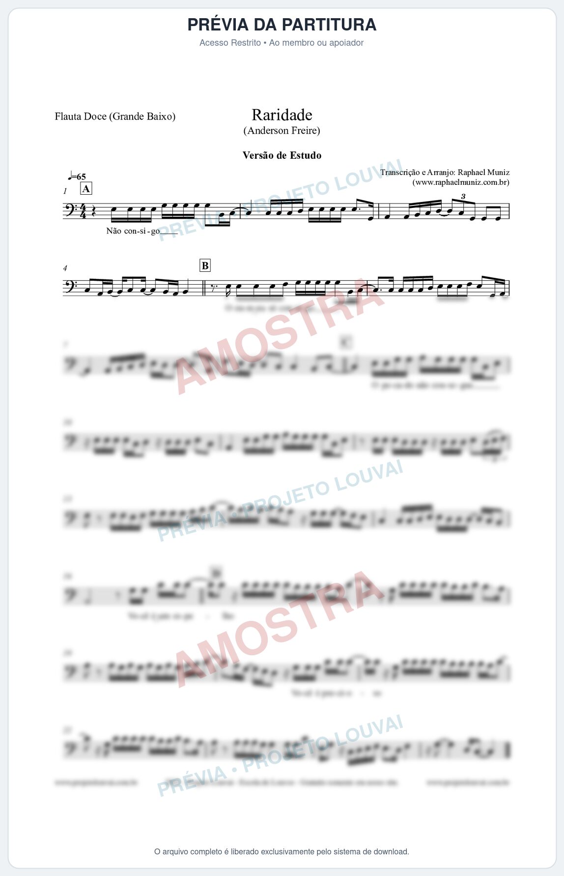 Prévia protegida da primeira página da partitura Partitura para Flauta Doce (Grande Baixo) - Raridade (Versão de Estudo) - Anderson Freire