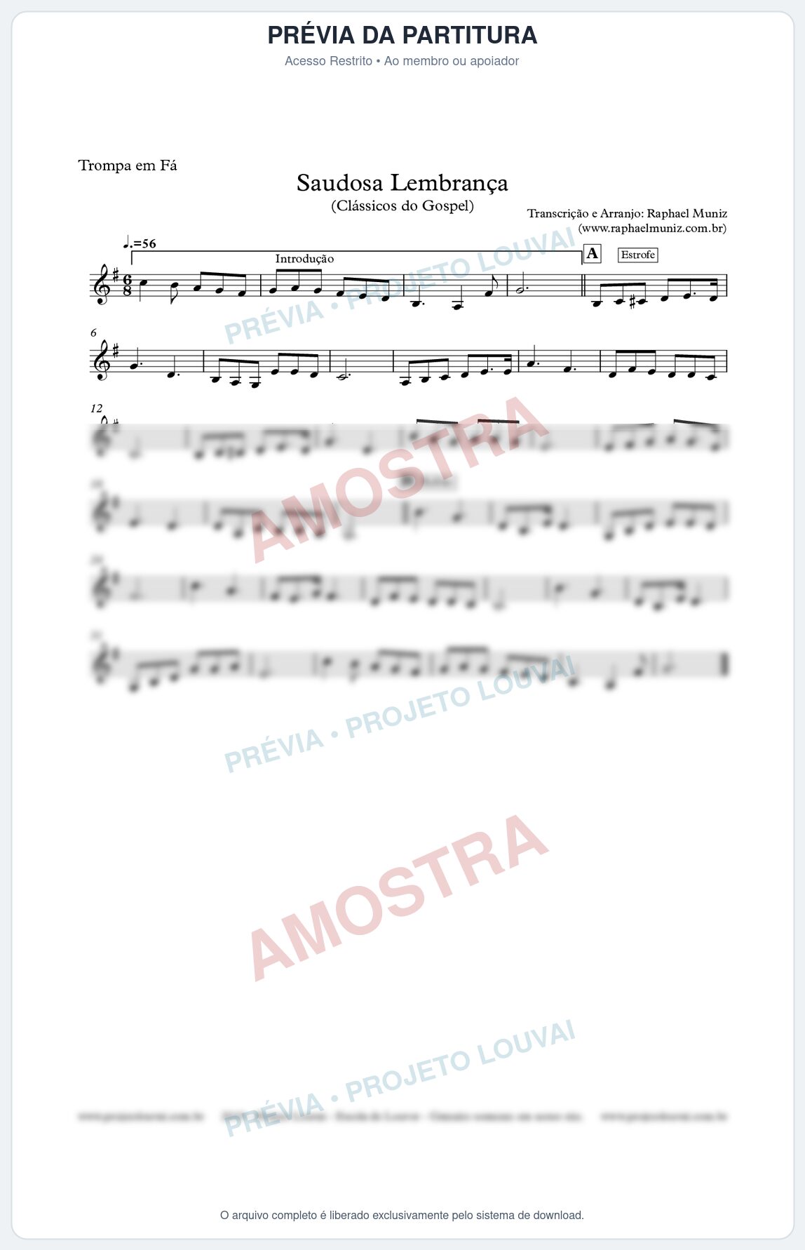 Prévia protegida da primeira página da partitura Partitura para Trompa em Fá - Saudosa Lembrança - Harpa Cristã nº2 - Clássicos do Gospel