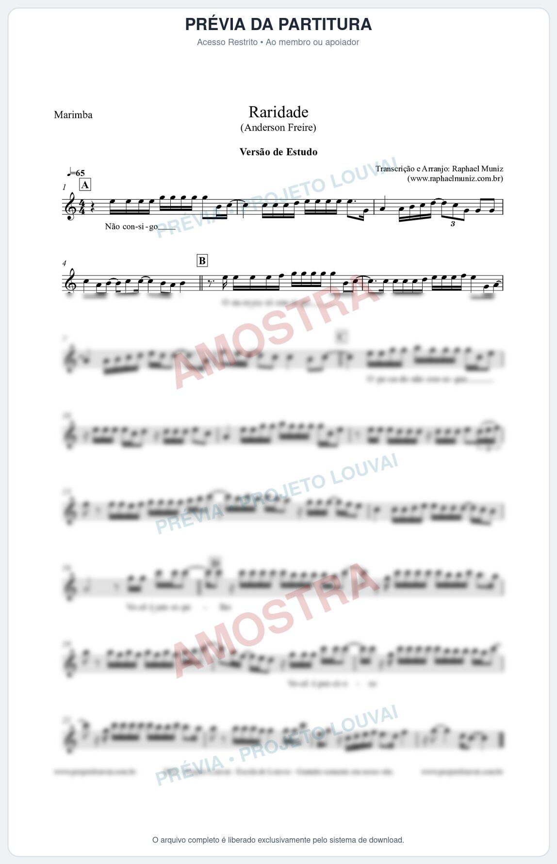 Prévia protegida da primeira página da partitura Partitura para Marimba - Raridade (Versão de Estudo) - Anderson Freire