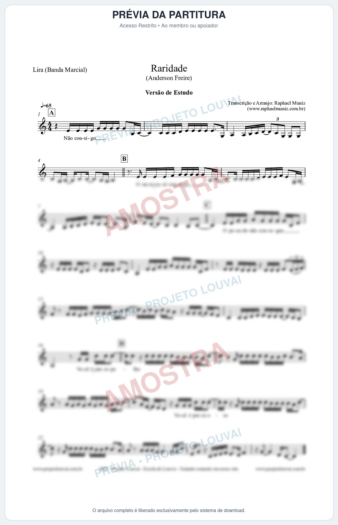 Prévia protegida da primeira página da partitura Partitura para Lira (Banda Marcial) - Raridade (Versão de Estudo) - Anderson Freire