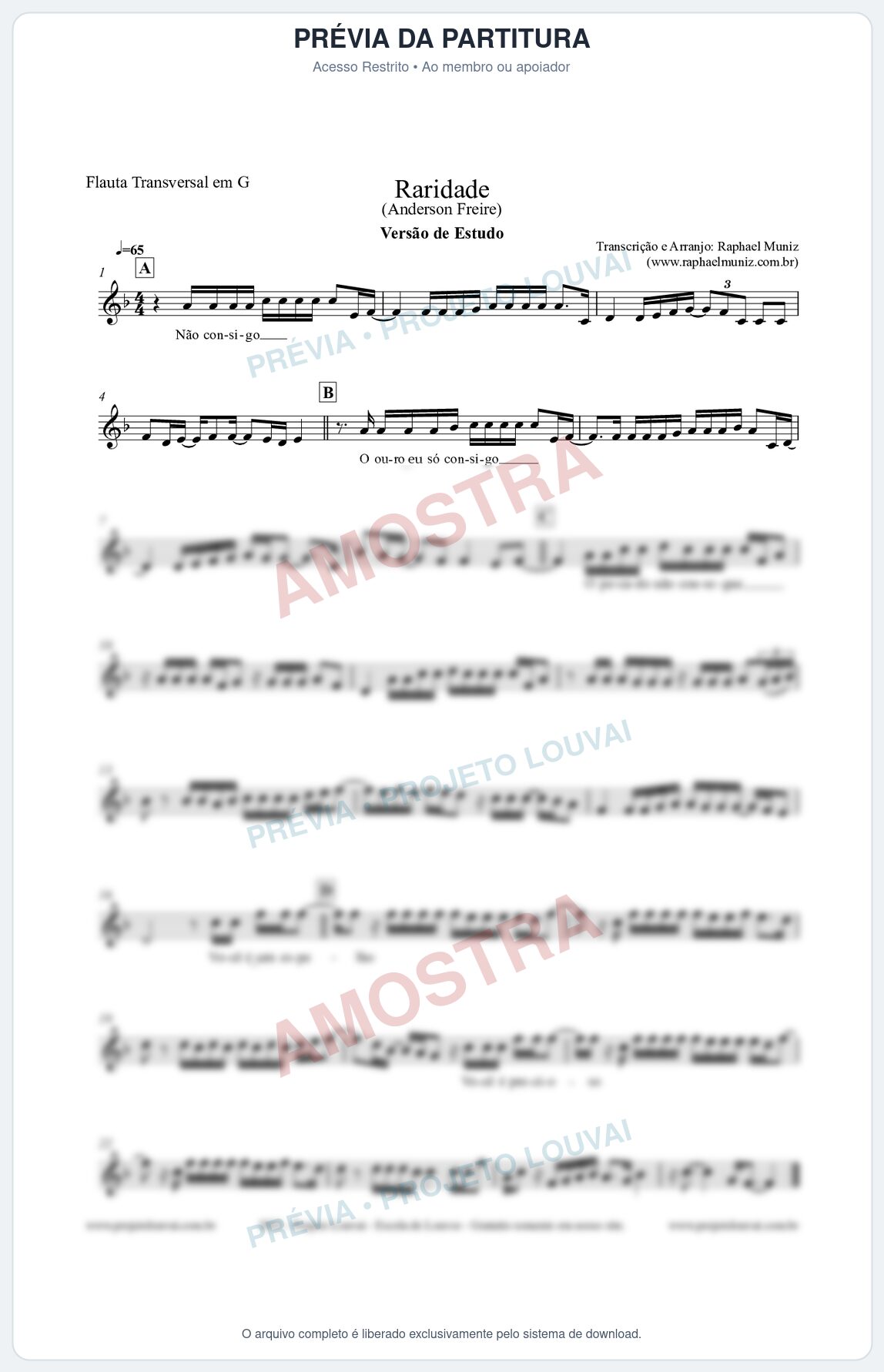 Prévia protegida da primeira página da partitura Partitura para Flauta Transversal em G - Raridade (Versão de Estudo) - Anderson Freire