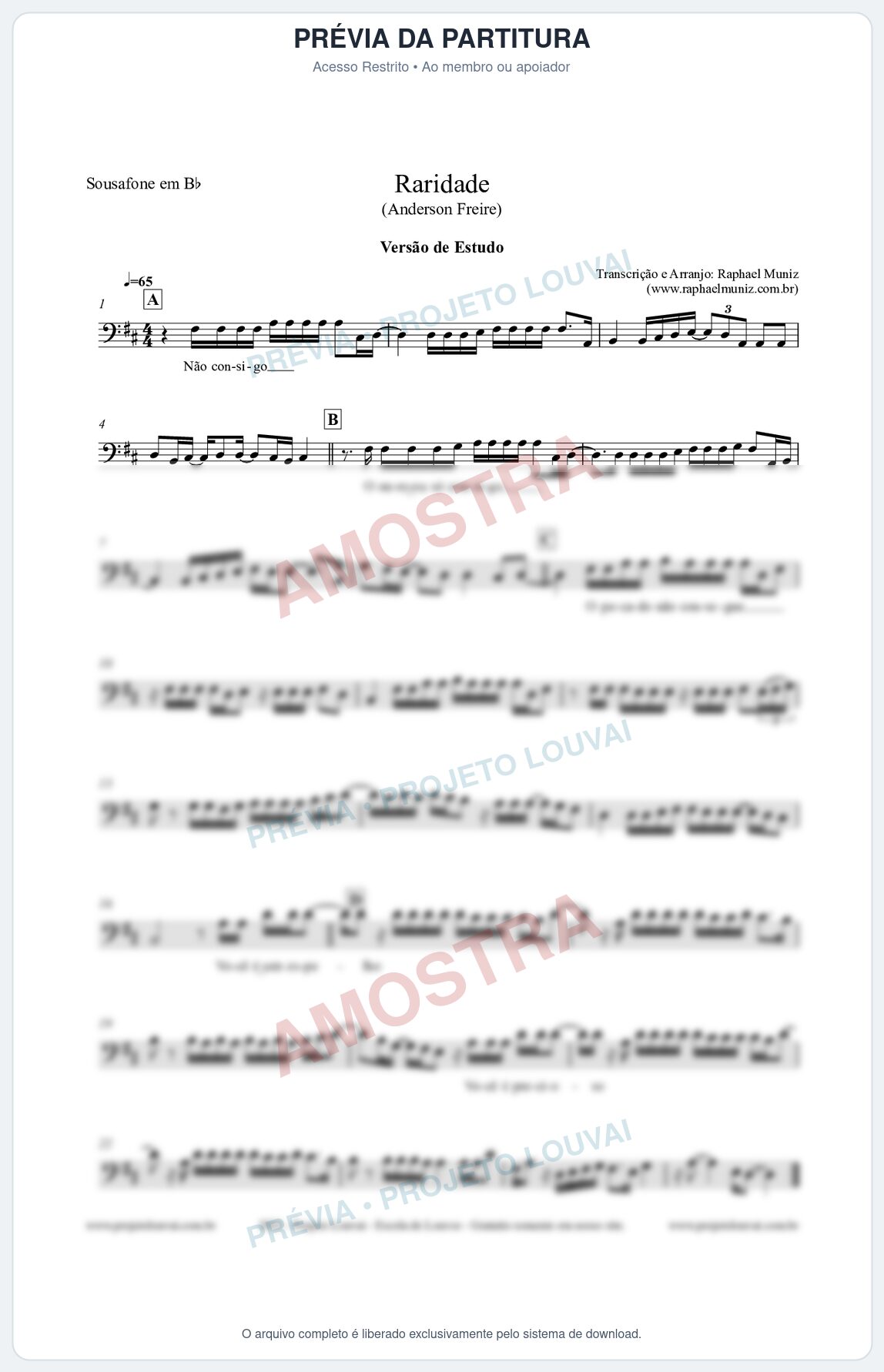 Prévia protegida da primeira página da partitura Partitura para Sousafone em Bb - Raridade (Versão de Estudo) - Anderson Freire