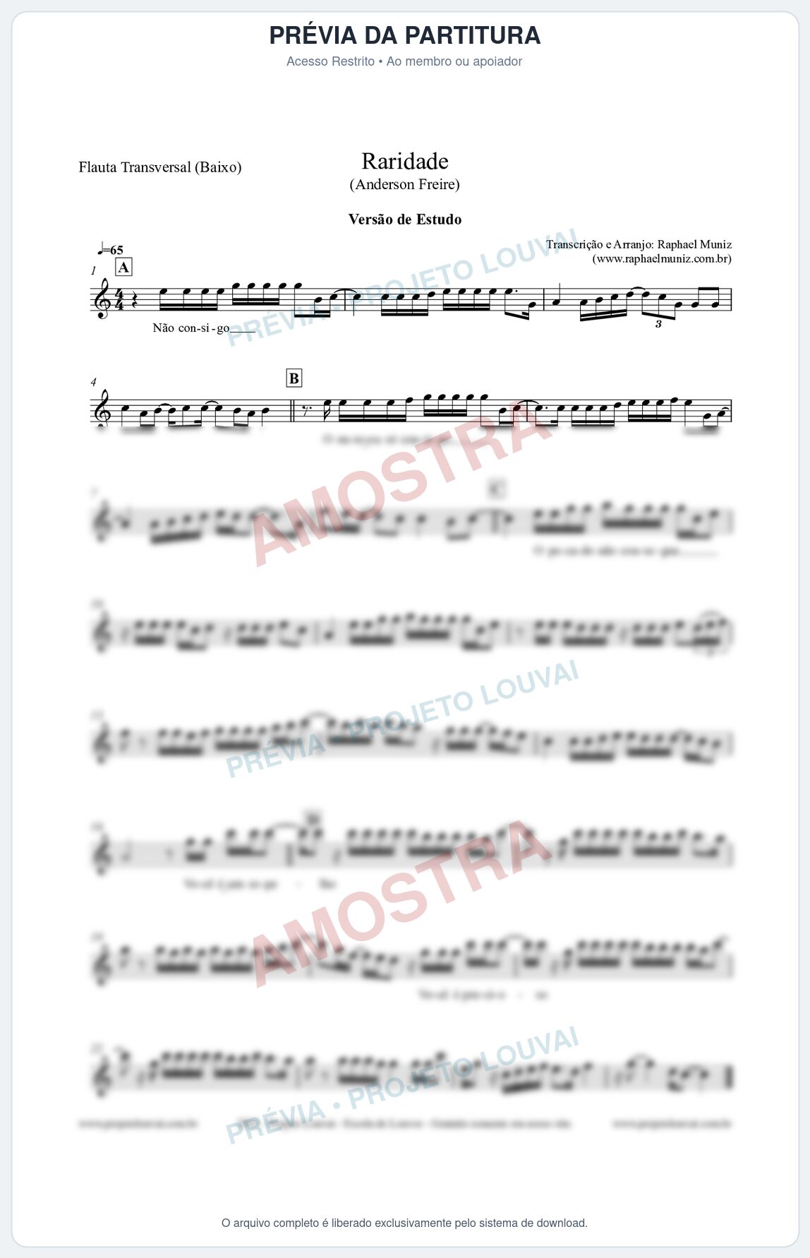 Prévia protegida da primeira página da partitura Partitura para Flauta Transversal (Baixo) - Raridade (Versão de Estudo) - Anderson Freire