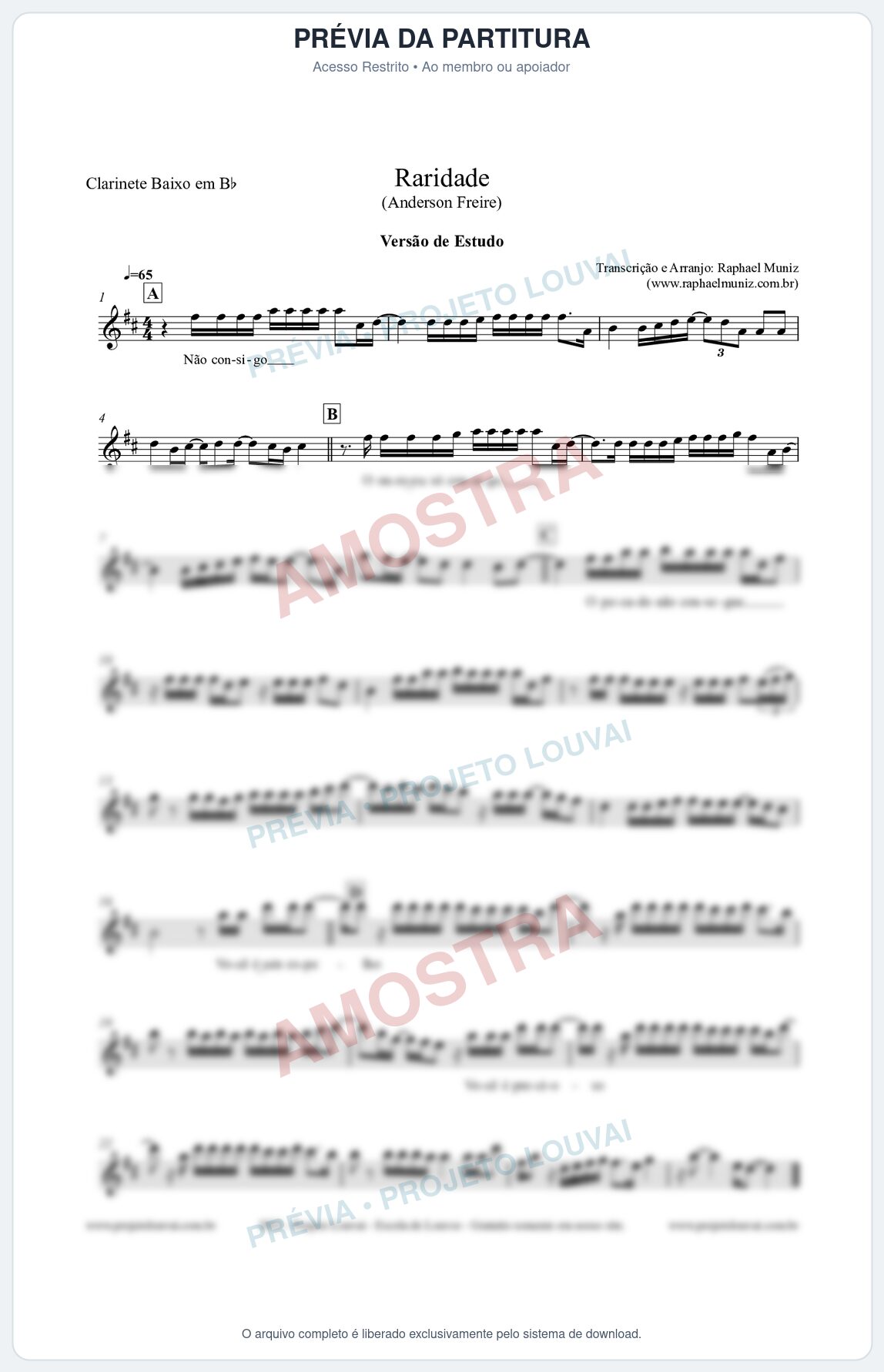 Prévia protegida da primeira página da partitura Partitura para Clarinete Baixo em Bb - Raridade (Versão de Estudo) - Anderson Freire
