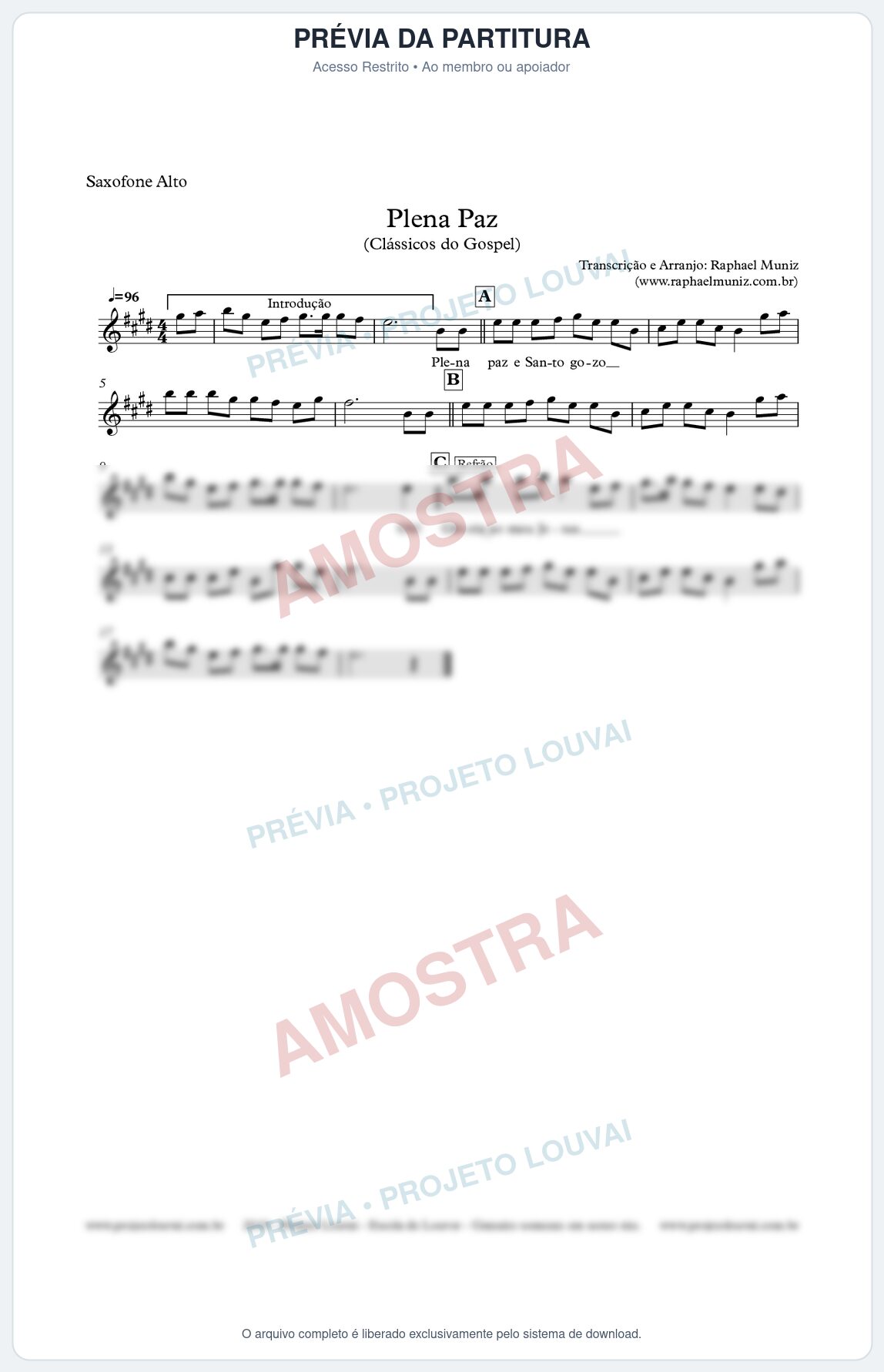 Prévia protegida da primeira página da partitura Partitura para Sax Alto - Plena Paz - Harpa Cristã nº3 - Clássicos do Gospel