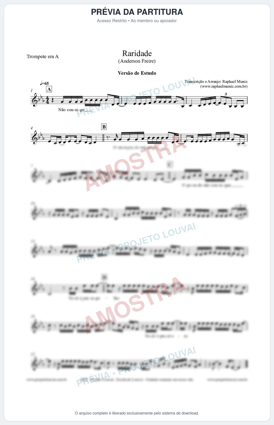 Prévia protegida da primeira página da partitura Partitura para Trompete em A - Raridade (Versão de Estudo) - Anderson Freire