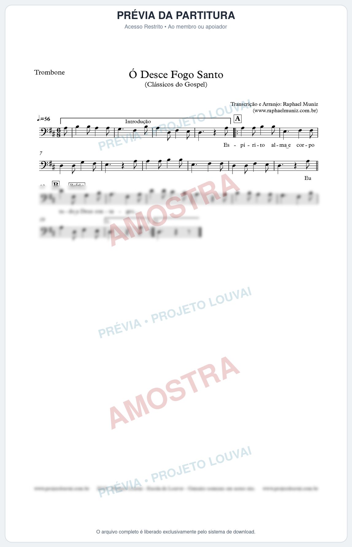 Prévia protegida da primeira página da partitura Partitura para Trombone - Ó Desce Fogo Santo - Harpa Cristã nº 5 - Clássicos do Gospel