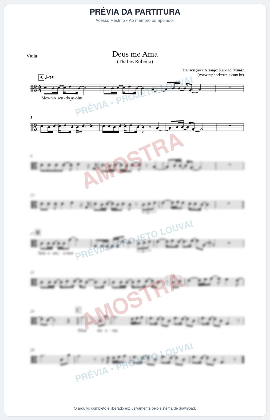 Prévia protegida da primeira página da partitura Partitura para Viola - Deus me Ama - Thalles Roberto