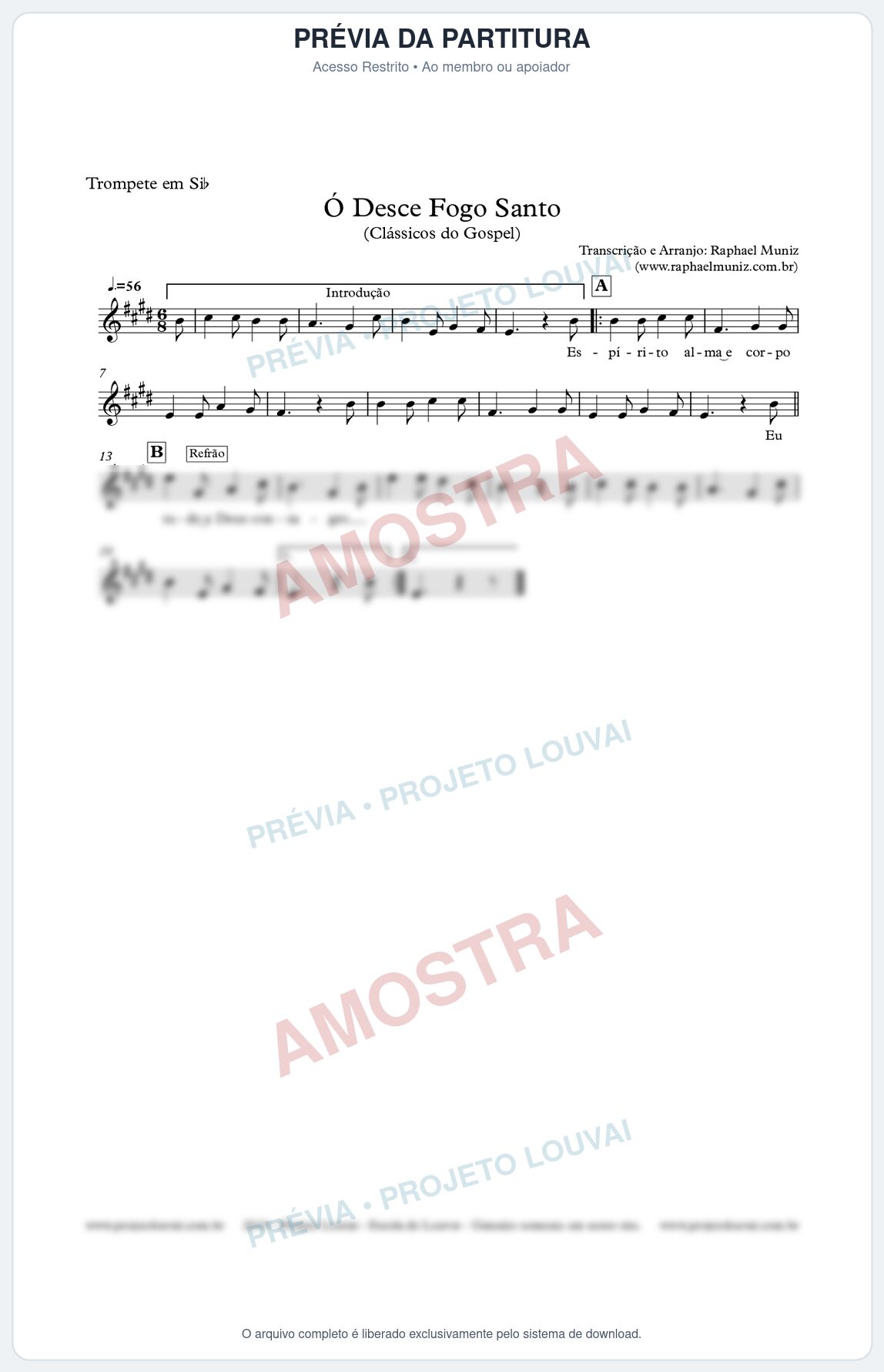 Prévia protegida da primeira página da partitura Partitura para Trompete - Ó Desce Fogo Santo - Harpa Cristã nº 5 - Clássicos do Gospel