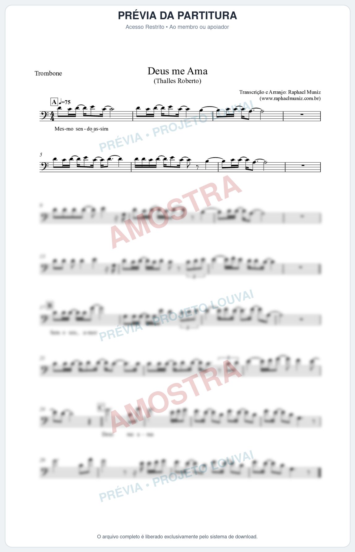 Prévia protegida da primeira página da partitura Partitura para Trombone - Deus me Ama - Thalles Roberto