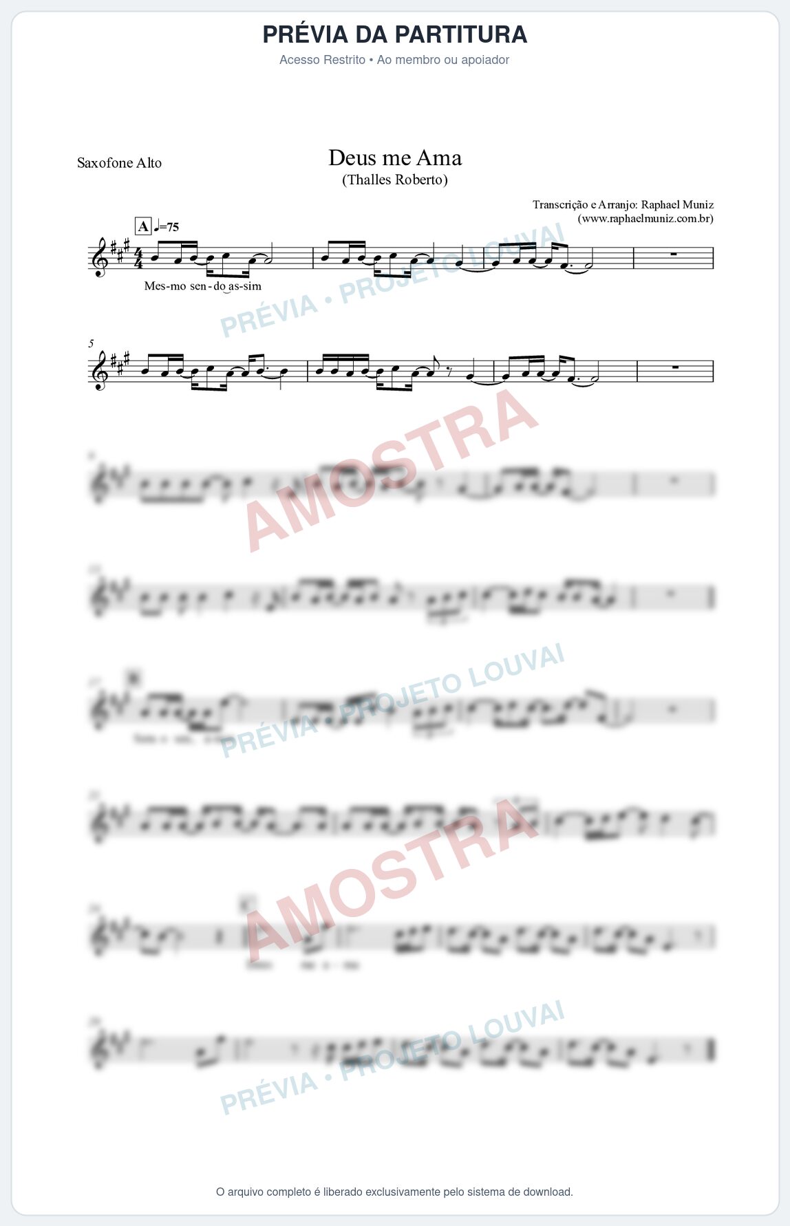 Prévia protegida da primeira página da partitura Partitura para Saxofone Alto - Deus me Ama - Thalles Roberto