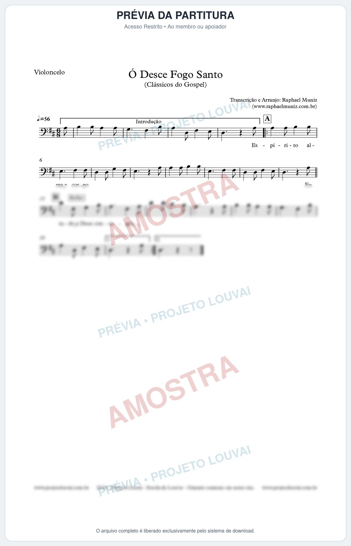 Prévia protegida da primeira página da partitura Partitura para Violoncelo - Ó Desce Fogo Santo - Harpa Cristã nº 5 - Clássicos do Gospel