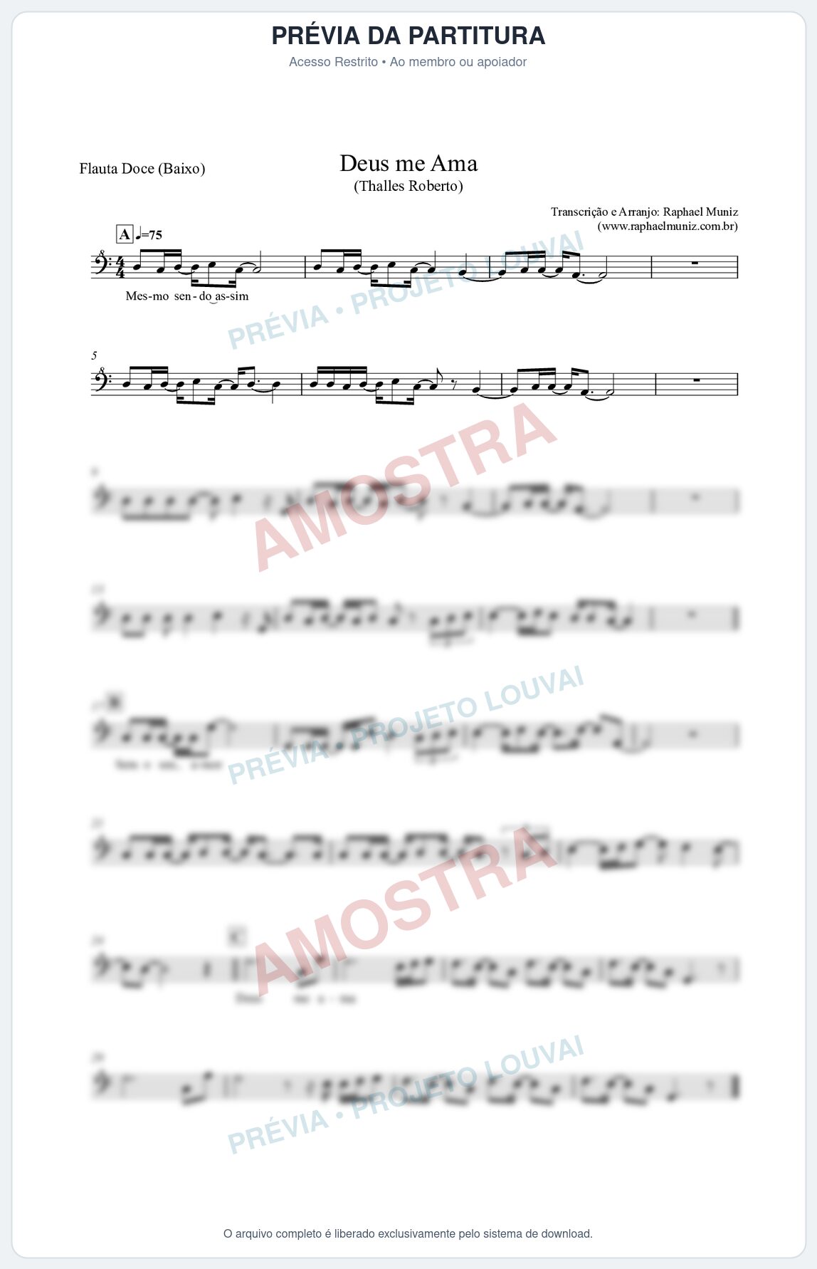 Prévia protegida da primeira página da partitura Partitura para Flauta Doce (Baixo) - Deus me Ama - Thalles Roberto