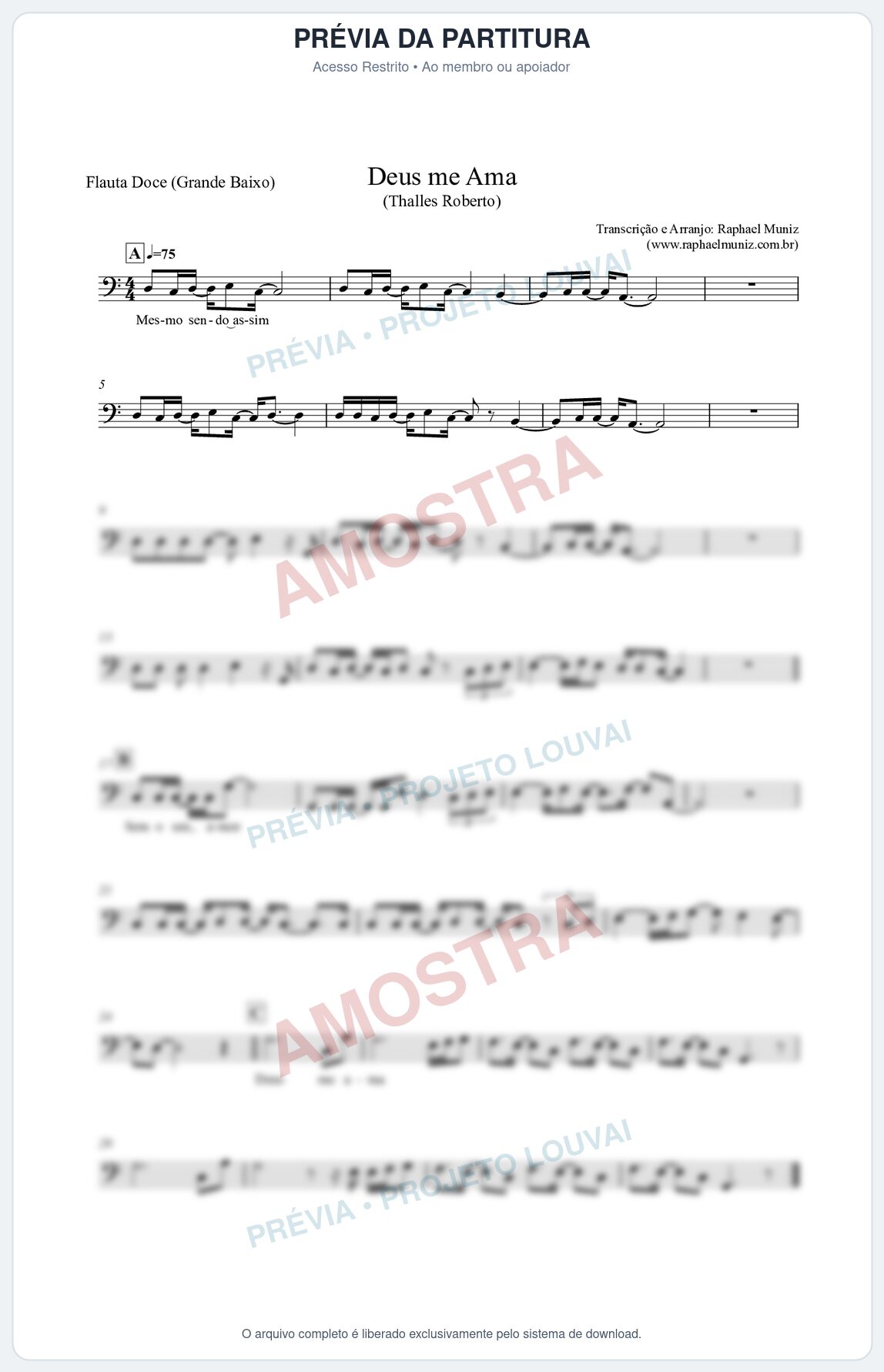 Prévia protegida da primeira página da partitura Partitura para Flauta Doce (Grande Baixo) - Deus me Ama - Thalles Roberto