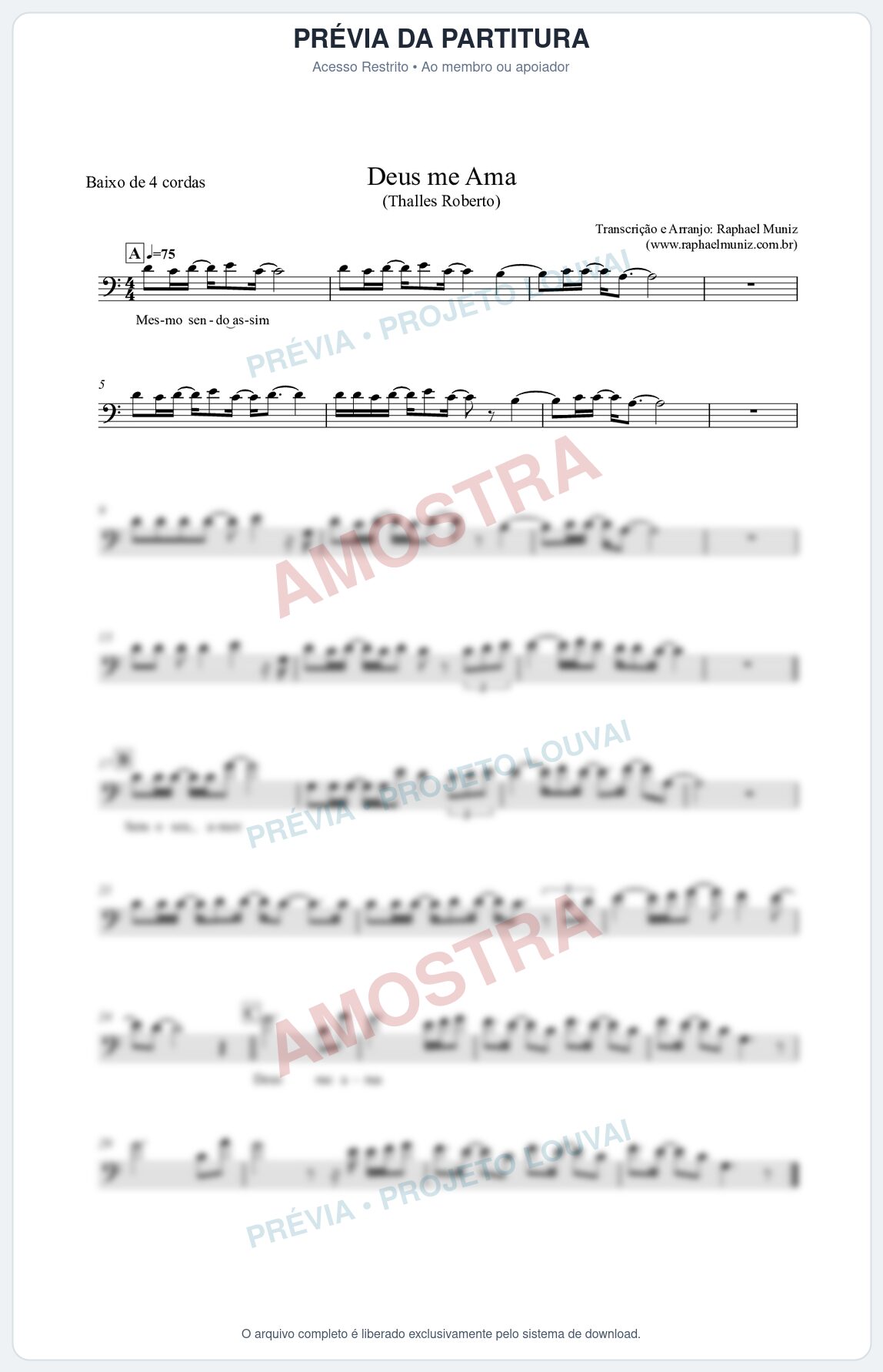 Prévia protegida da primeira página da partitura Partitura para Baixo de 4 cordas - Deus me Ama - Thalles Roberto