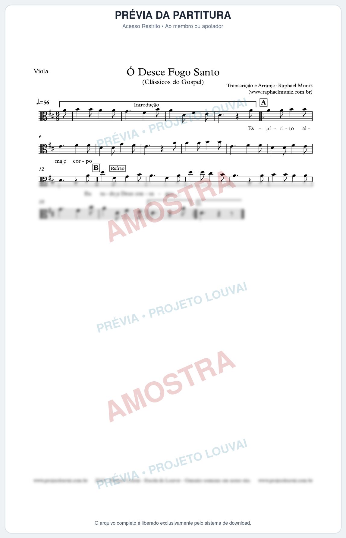 Prévia protegida da primeira página da partitura Partitura para Viola - Ó Desce Fogo Santo - Harpa Cristã nº 5 - Clássicos do Gospel