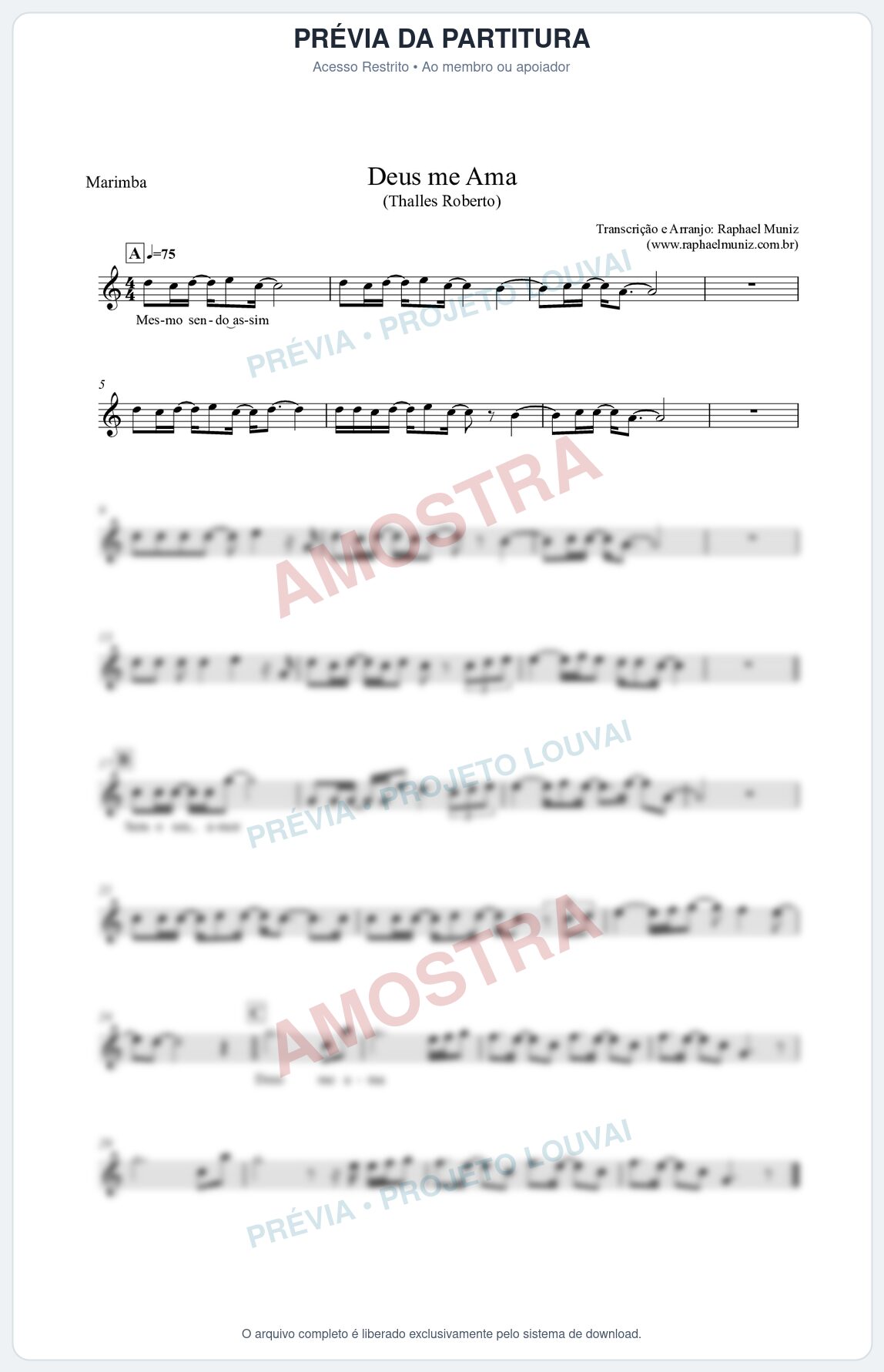 Prévia protegida da primeira página da partitura Partitura para Marimba - Deus me Ama - Thalles Roberto