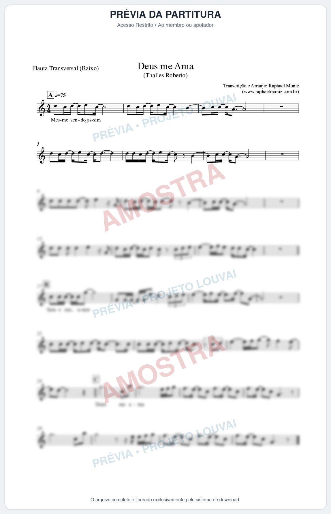 Prévia protegida da primeira página da partitura Partitura para Flauta Transversal (Baixo) - Deus me Ama - Thalles Roberto