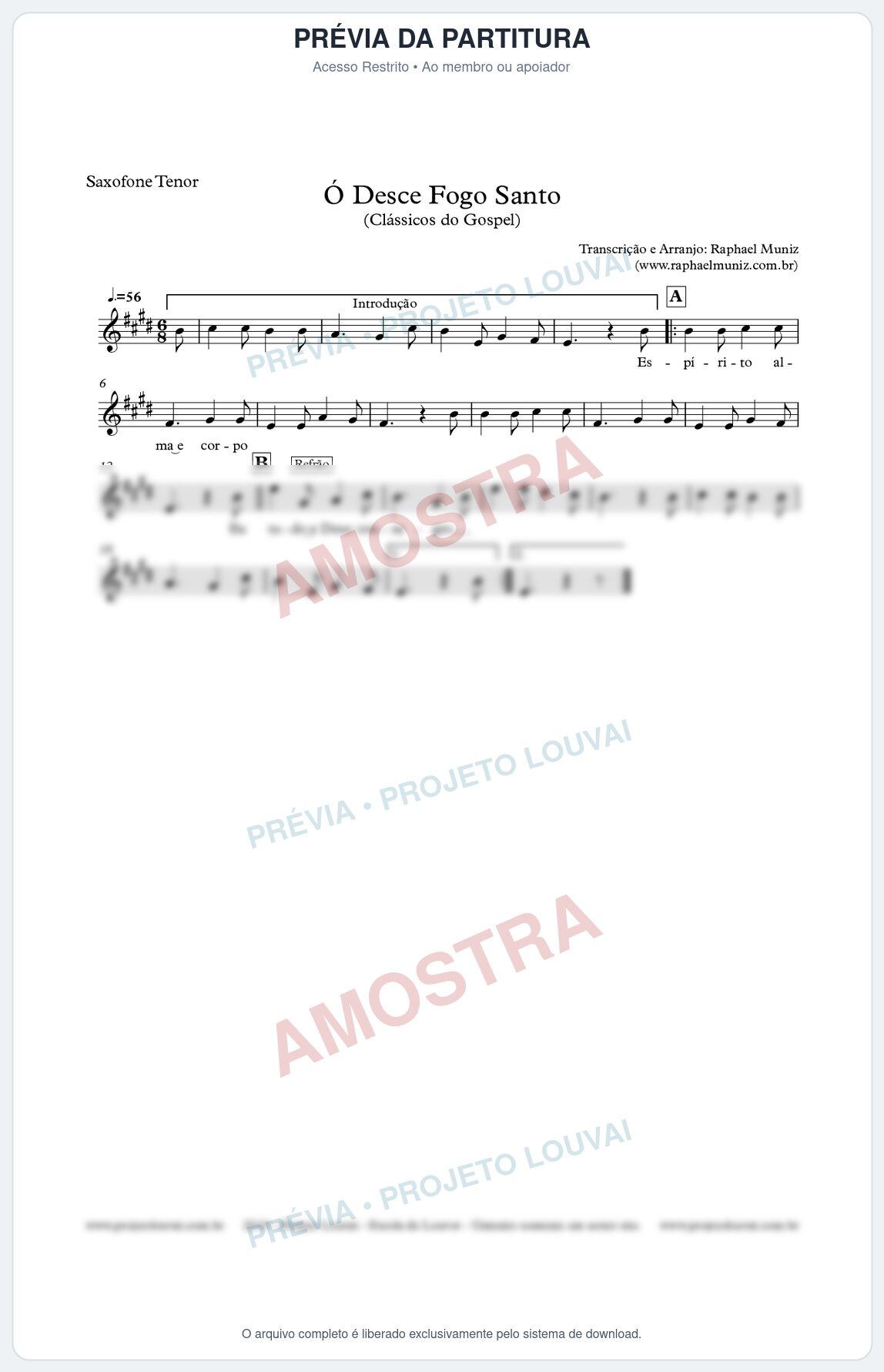 Prévia protegida da primeira página da partitura Partitura para Sax Tenor - Ó Desce Fogo Santo - Harpa Cristã nº 5 - Clássicos do Gospel