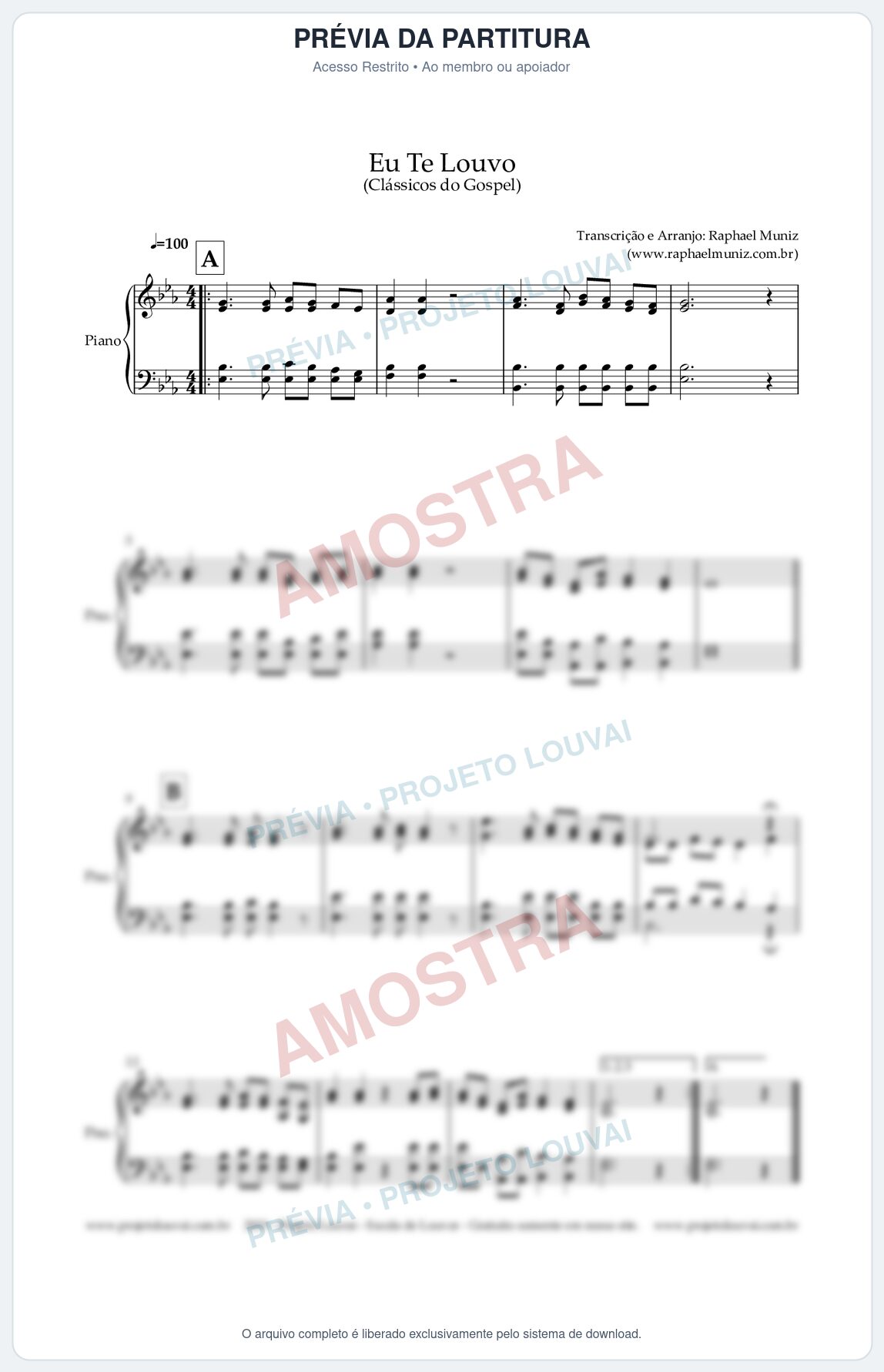 Prévia protegida da primeira página da partitura Partitura para Piano - Eu Te Louvo - Harpa Cristã nº10 - Clássicos do Gospel