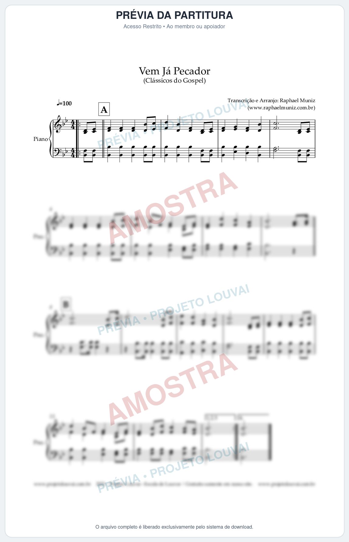 Prévia protegida da primeira página da partitura Partitura para Piano - Vem Já Pecador - Harpa Cristã nº12 - Clássicos do Gospel