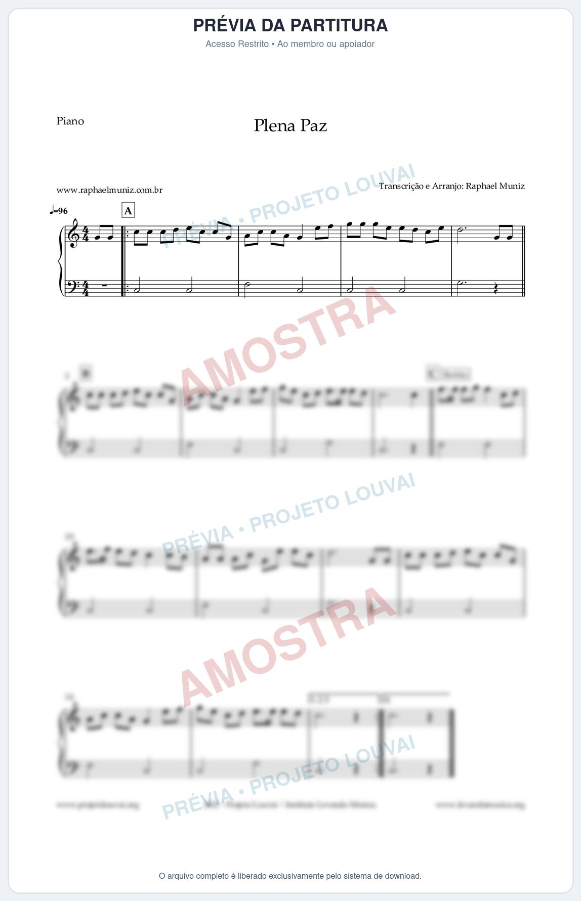 Prévia protegida da primeira página da partitura Partitura para Piano - Plena Paz (Série Didática) - Harpa Cristã nº3 - Série Didática