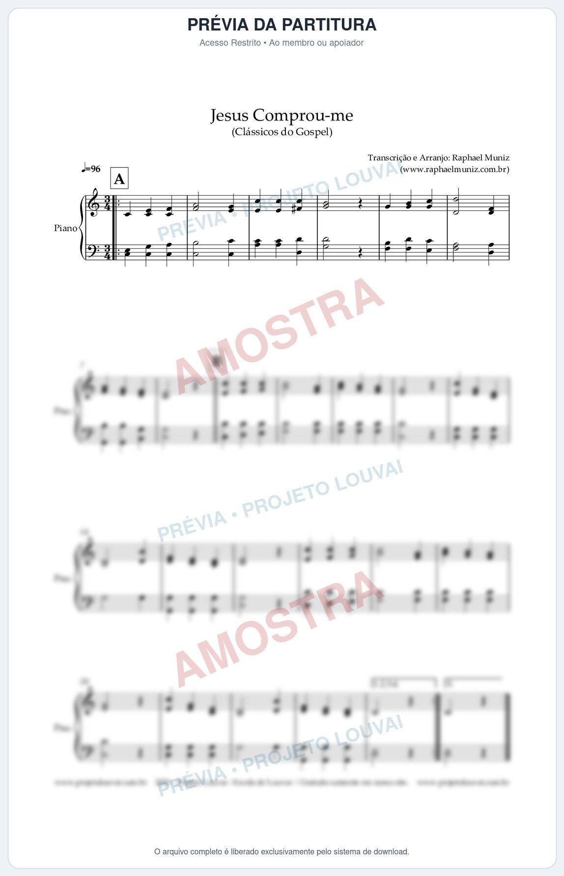 Prévia protegida da primeira página da partitura Partitura para Piano - Jesus Comprou-me - Harpa Cristã nº13 - Clássicos do Gospel