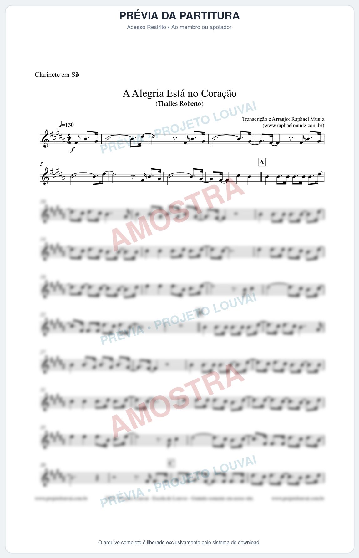 Prévia protegida da primeira página da partitura Partitura para Clarinete - A Alegria Está no Coração - Thalles Roberto