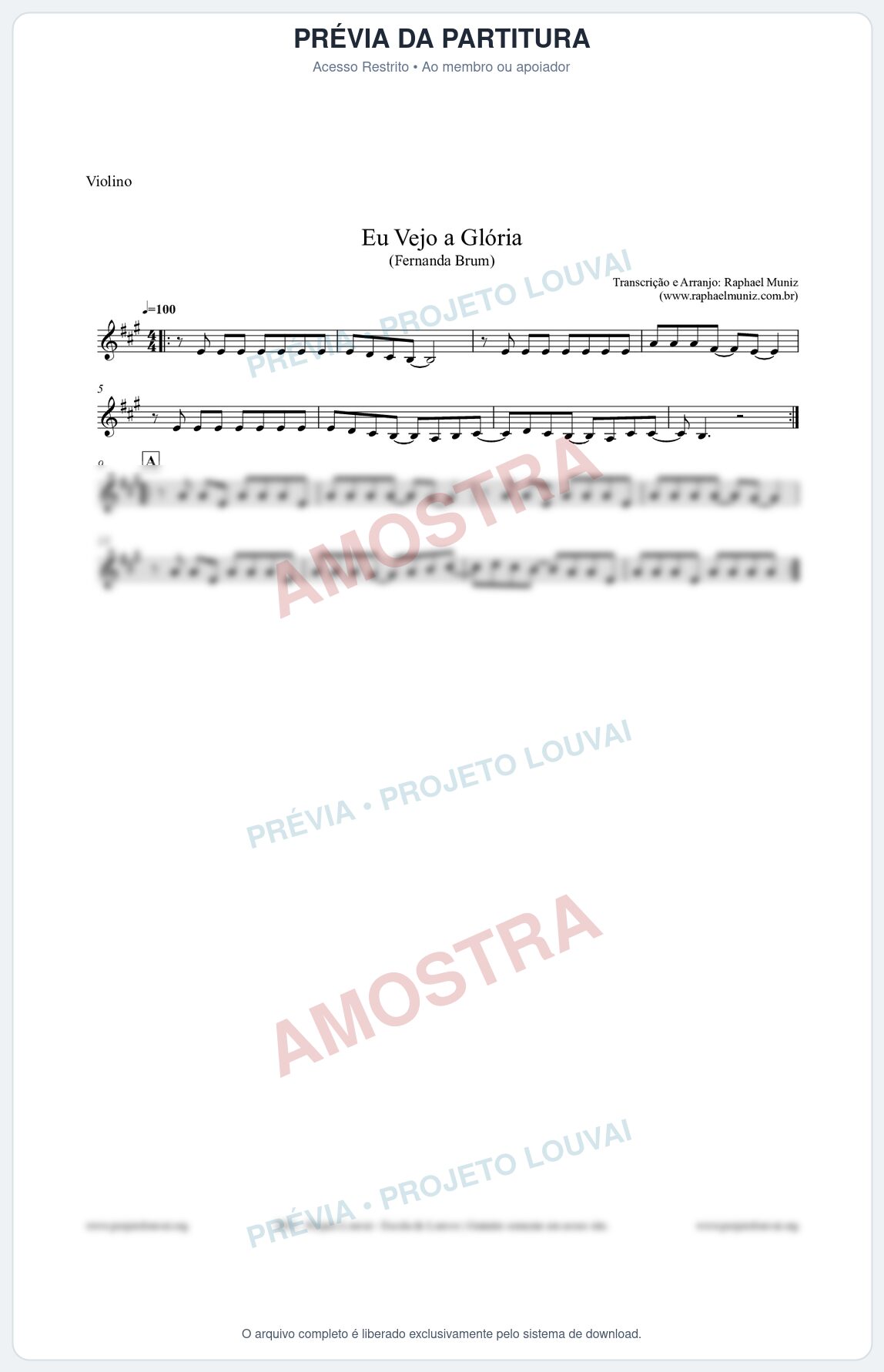 Prévia protegida da primeira página da partitura Partitura para Violino - Eu Vejo a Glória - Fernanda Brum